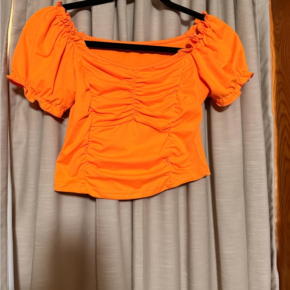 SHEIN Vibrant Orange Ruched Crop Top